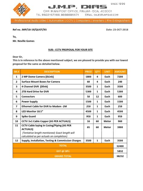 CCTV Quotation Format Free Download .